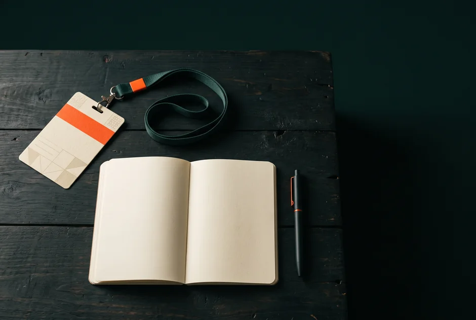 Credencial, caderno e caneta do kit de palestra